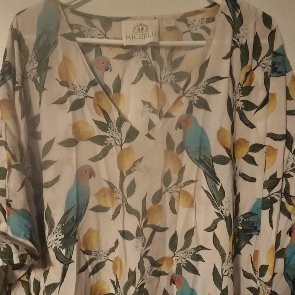 NicoBlu Kaftan With Parrots And Lemons, Size Xs-M